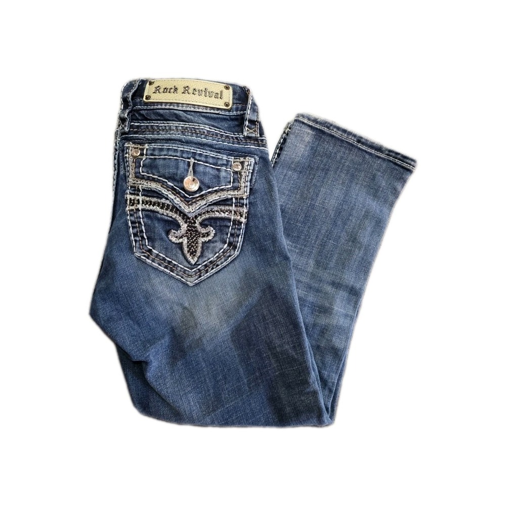 Rock Revival Luz Capri Jeans Womens 25 Blue Denim Thick Stitch Embellished